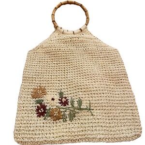 Faded Glory Boho Minimal Crochet Tote Purse with Wood Bamboo Handles & Flowers